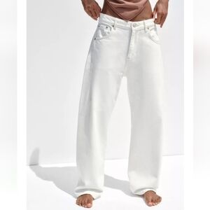 Zara TRF White Slouchy Belted Mid-rise Jeans